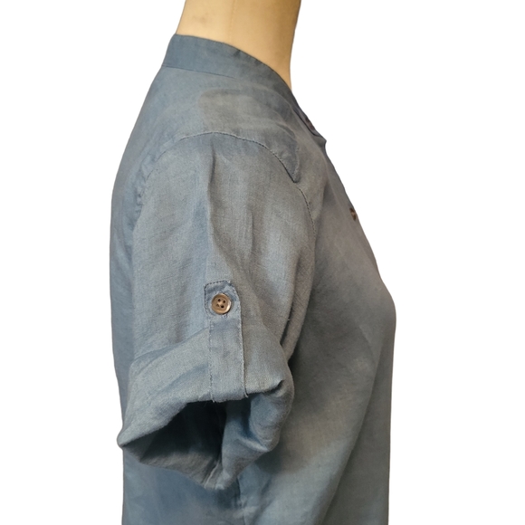J.Jill Linen Blouse Buttondown Short Sleeve Blue  Casual Career Womens Small - Picture 6 of 11